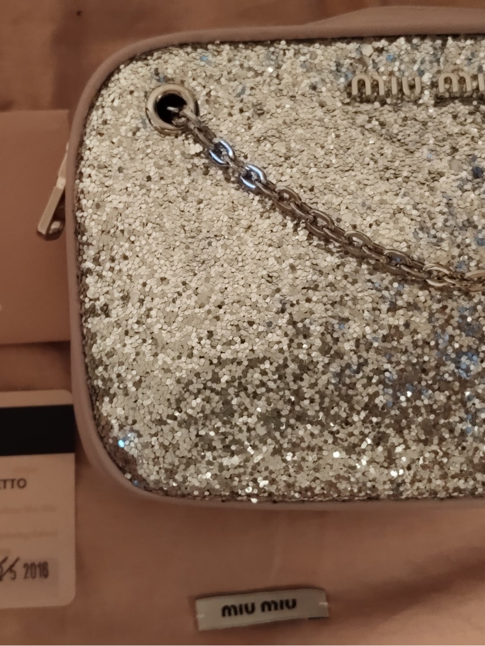 Miu Miu Gold Glitter Mini Chain Crossbody Bag
